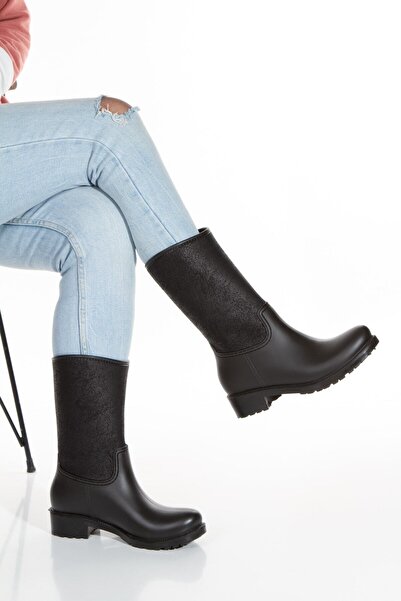 Sea&Blue Eskitme Desenli Siyah Baldır Seçmez Su Geçirmez Rahat Giyilen Yağmur Botu-4008
