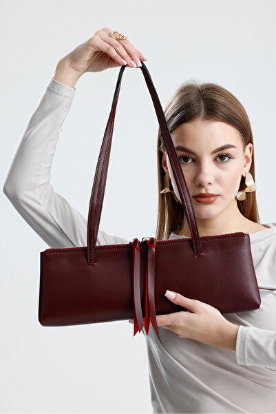HEYBE'S Heybes Women's Elegant Long Form Burgundy Vegan Leather Thin Shoulder Strap Modern Minimalist Women's Baguette Bag