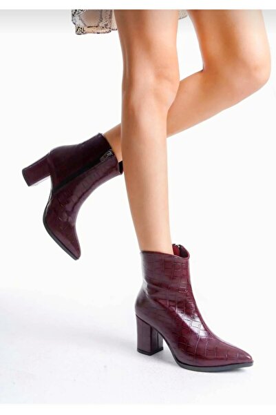v.s.h velvet Kadın Klasik Kroko Sivri Burun Kalın Topuklu Yandan Fermuarlı Bot