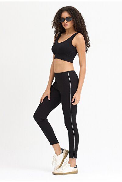 SEEN Kadın Siyah Kaşkorse Fitilli Dar Paça Tayt – Yan Şerit Detaylı