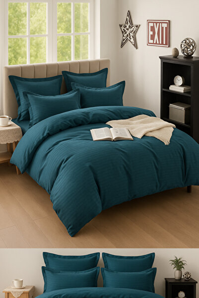 Casa Pucioasa Damask Cotton Bed Linen, Casa Pucioasa, 6 pieces, petrol green color, luxury hotel model