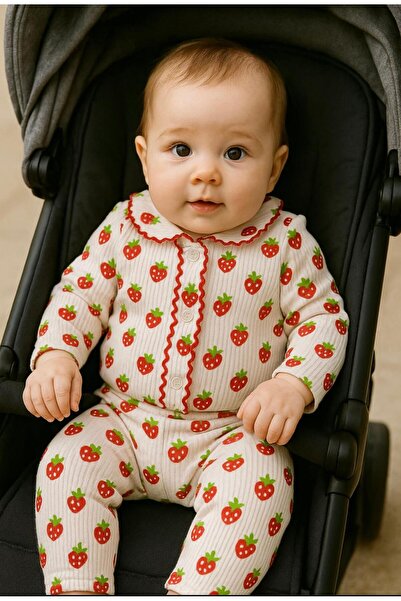 anne dokunuşu gibi KUZUM BEBE Kol figürlü Çilek desenli bebek çocuk pijama takımı