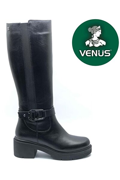 Venüs Festina Hakiki Deri Ortopedik Topuklu Kadın Çizme SİYAH