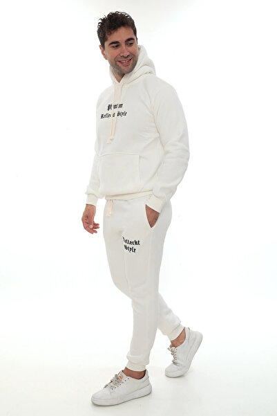 PHANTOM JEANS Бял стилен мъжки спортен екип от полар с еластични крачоли, джобове, качулка и бродерии Компактен комплект