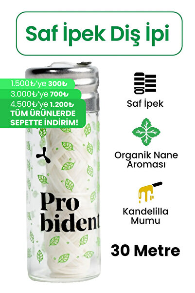 Probident Doğal Saf Ipek Nane Aromalı Diş Ipi – Plastiksiz Cam Şişede 30m | Hassas Diş eti temizliği