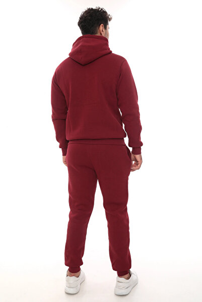 PHANTOM JEANS Ανδρικό σετ αθλητικής φόρμας μπορντό, κομψό, με φλις εσωτερικά, ελαστικά πόδια, τσέπες, K με κουκούλα Κομψό σετ με λεπτομέρειες κεντήματος