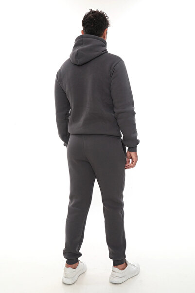PHANTOM JEANS Ανδρικό σετ αθλητικής φόρμας καπνιστό κομψό με φλις εσωτερικά, ελαστικά πόδια, τσέπες, K με κουκούλα Κομπακτό σετ με λεπτομέρειες κεντήματος