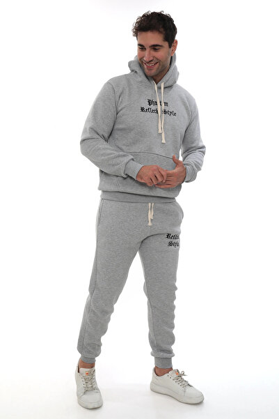 PHANTOM JEANS Light Gray Melange Stylish Men's Tracksuit Set with Fleece Inside, Elasticated Legs, Pockets, K Hooded Embroidery Detail