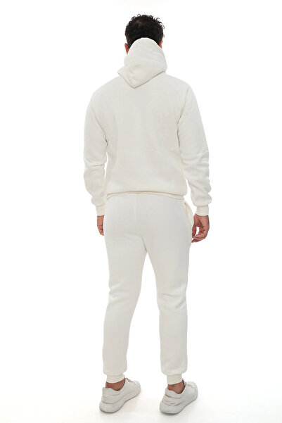 PHANTOM JEANS Λευκό ανδρικό κομψό σετ αθλητικής φόρμας με φλις εσωτερικά, ελαστικά πόδια και τσέπες K με κουκούλα Συμπαγές σετ με λεπτομέρειες κεντήματος