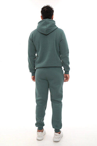 PHANTOM JEANS Petrol Men's Fleece-Lined Tracksuit Set with Elasticated Legs and Pockets K Hooded Compact Set with Embroidery Detail