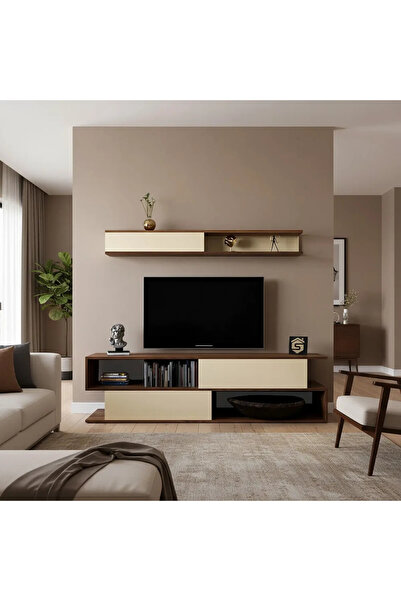 Stylish Home Brown and beige wood TV table with wall shelf - TV26