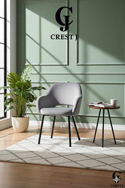 Crestj كرسي طعام مخملي بأرجل معدنية وظهر دائري مريح باللون الرمادي الفاتح