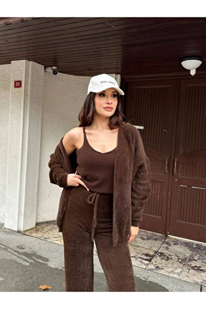 Lusin Women's Bitter Brown Crop Blouse Cardigan Pants 3-Piece Winter Knitwear...