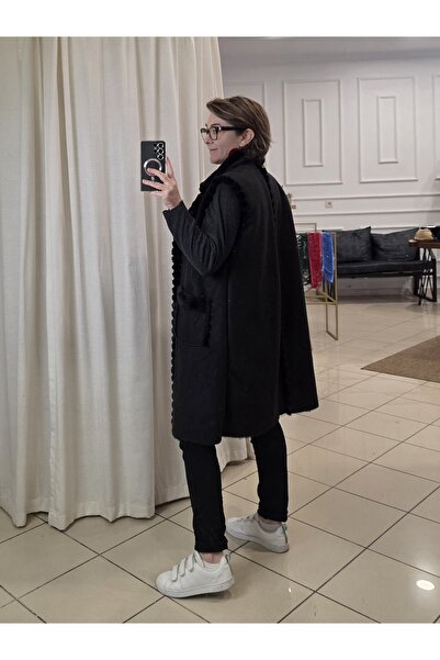 pudubutik Long Nubuck Vest with Fur Inside Black