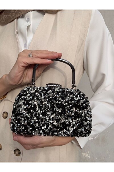 Çanta Trend Kristal Dökme Siyah Gümüş Taşlı Burslu Kadın El Ve Uzun Zincir Askılı Abiye Çanta