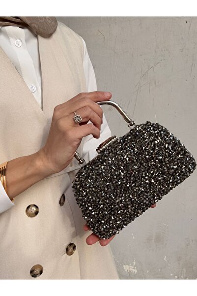 Çanta Trend Kristal Dökme Antrasit Taşlı Burslu Kadın El Ve Uzun Zincir Askılı Abiye Çanta