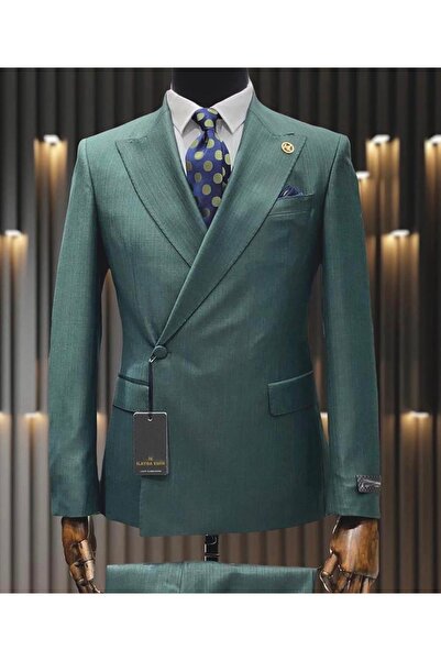 ilayda emir Petrol Green Men's Design Double-Breasted Slimfit Suit
