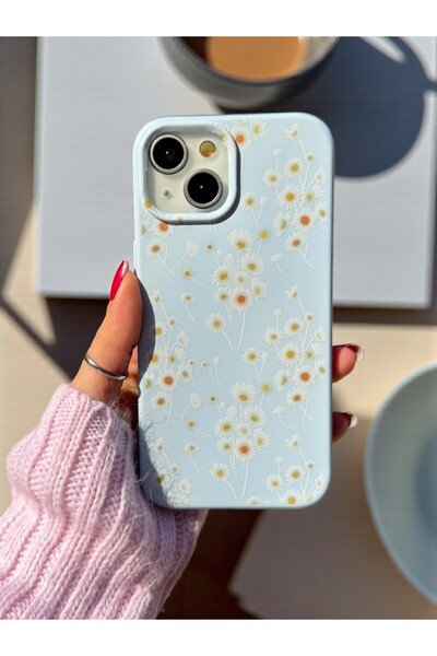 KVK PRİVACY iPhone 13/14/15 Uyumlu Papatya Desenli Mavi Lansman Liquid Silikon Kılıf