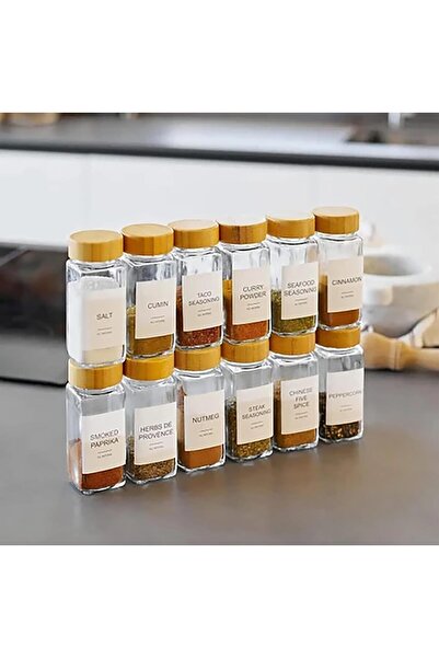Hype Store Glass Spice Jar Set, 12 Pieces, with Bamboo Lids, with Labels