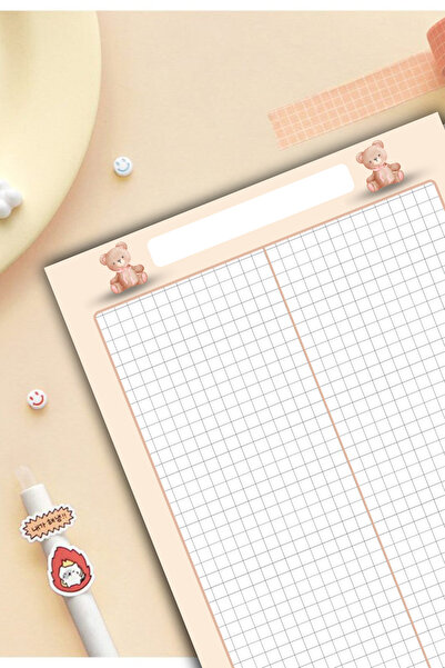 pnkycrco A4 Boyutunda Kareli Ayıcık Desenli Not Kağıdı Notepad 50 Sayfa
