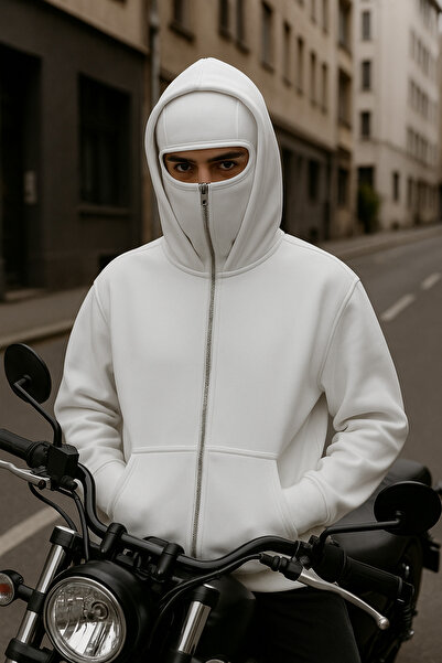 Ahsenbutik Double Hooded Relaxed Fit Cotton Fleece Lined Half Zipper Stand Collar Biker Sweatshirt