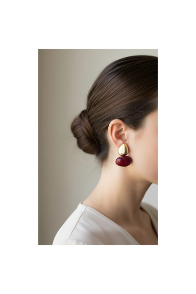 vina's atelier Bordo Doğal Taş Çelik Küpe