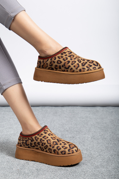 BURE AYAKKABI Leopar Süet Kasap Model Kalın Taban İçi Kürklü Kadın Bot