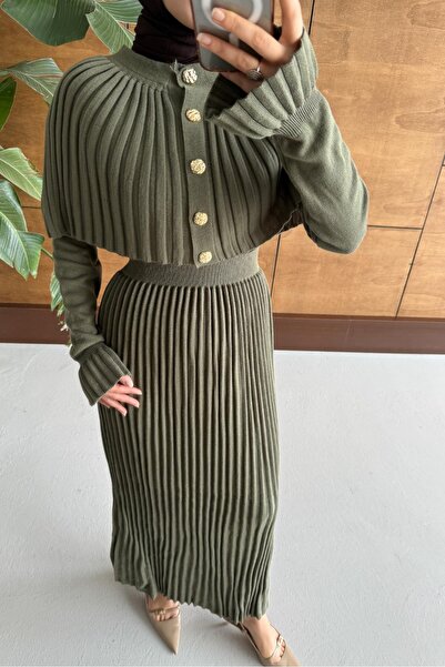 erk giyim Long Knit Dress with Cape Detail