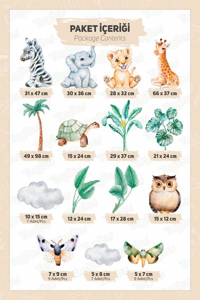 TUGİBU Cute Animals Safari Themed Kids Room Wall Sticker Set, Safari Baby Animals Sticker Set
