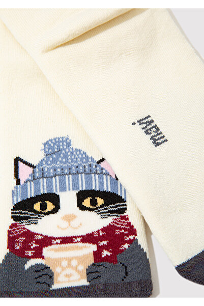 Mavi Kedi Baskılı Ekru Soket Çorap 1913538-70053