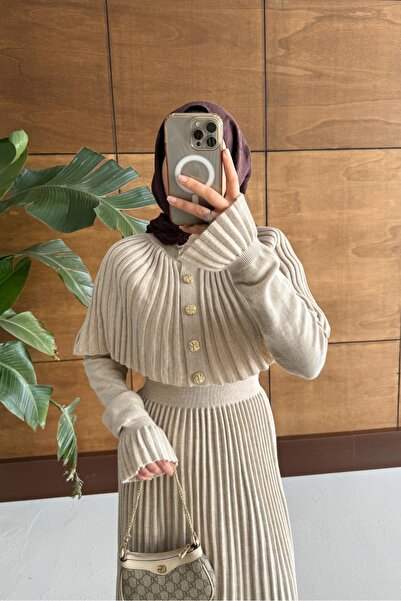 erk giyim Long Knit Dress with Cape Detail