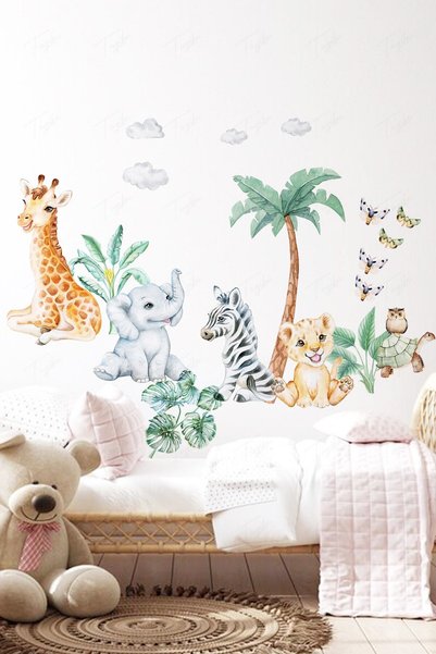 TUGİBU Cute Animals Safari Themed Kids Room Wall Sticker Set, Safari Baby Animals Sticker Set