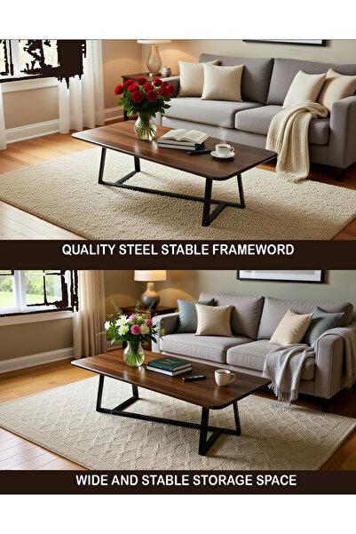 AGD Coffee Table for Living Room, Rectangular Multifunctional Table, High Quality Steel Frame / Brown