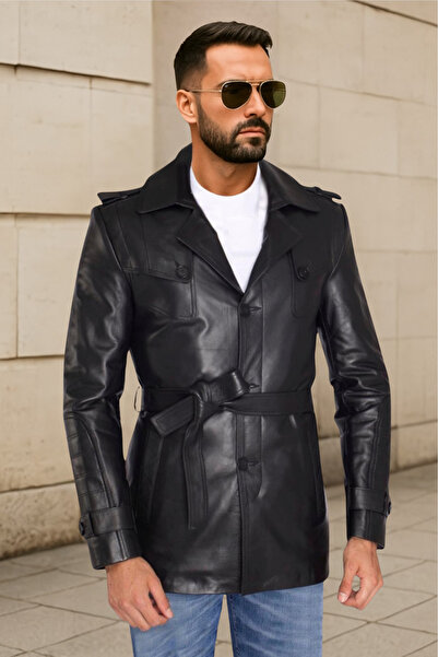 DERİJE Valdes Hakiki Deri Erkek Siyah Kuşaklı Trençkot