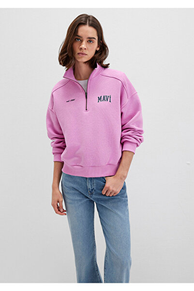Mavi Logo Printed Semi-Zip Pink Sweatshirt 1S10373-71067
