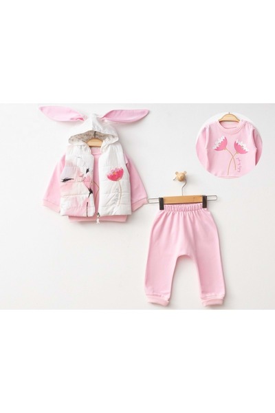 atabay Rabbit Ear Hooded Puffer Vest Triple Two-Thread Bottom Top Set Pink