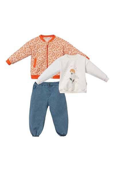 Necix's Flowered Quilted Unpadded Coat with Denim Pants Three-Piece Set Orange