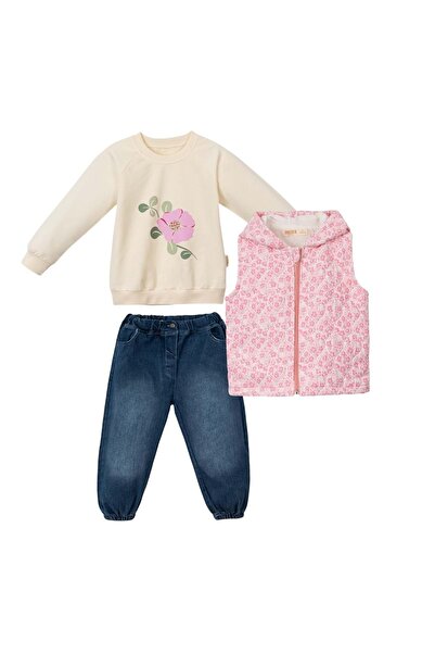 Necix's Flowery Quilted Cap Hooded Lek Denim Pants Triple Bottom Top Set Pink