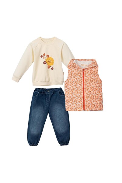 Necix's Floral quilted cap Hooded lek denim pants three piece bottom top set orange