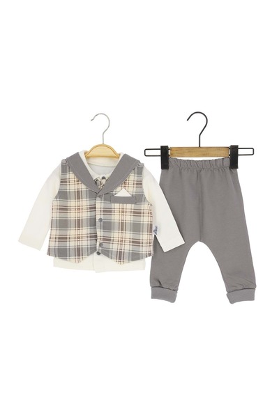atabay Plaid Bow Tie Vest and Triple Combed Cotton Bottom-Up Set Gray