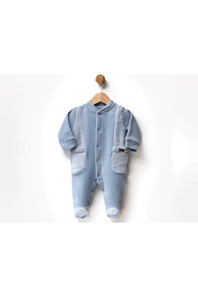 atabay Plush Detailled Fleece Booties Jumpsuit Blue