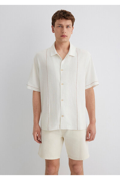 Mavi Keten Karışımlı Beyaz Gömlek Loose Fit / Bol Rahat Kesim 0211597-70058