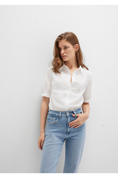 Mavi Çiçek Baskılı Ekru Gömlek Fitted / Vücuda Oturan Kesim 1210060-90701