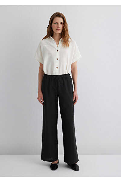 Mavi Beli Bağcıklı Keten Karışımlı Siyah Pantolon 1010686-900