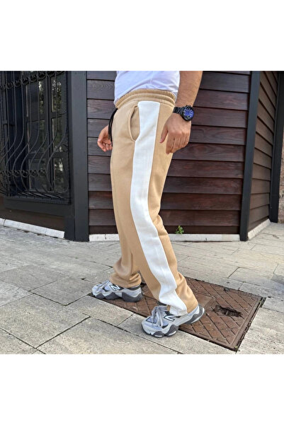 Silerra Men's Three Thread Winter Cotton Side Trim Thick Striped Pocket Sweatpants - Beige