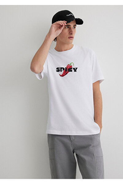 Mavi Weißes T-Shirt mit würzigem Aufdruck, lockere Passform / bequemer Schnitt 0612812-620