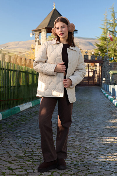 Fulla Moda Su Yolu Desenli Kapitone Oversize Düğmeli Mont