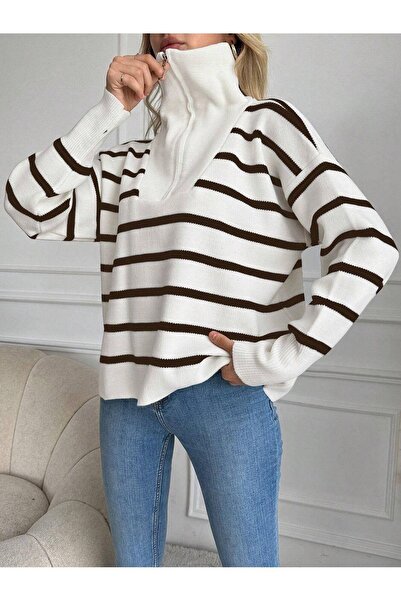 ribana Pulover de damă ECRU cu guler cu fermoar în dungi S 24120919