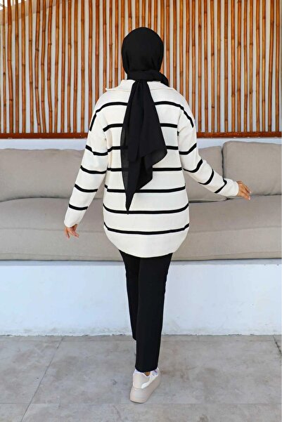 ribana Γυναικεία χιτζάμπ ρούχα γιακάς κάθετη ριγέ φερμουάρ Πλεκτό τουνίκ-πουλόβερ