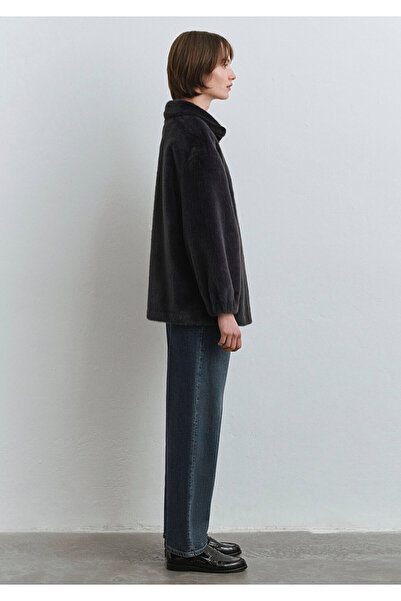 Mavi Antrasit Peluş Ceket Oversize / Geniş Kesim 1110597-84671